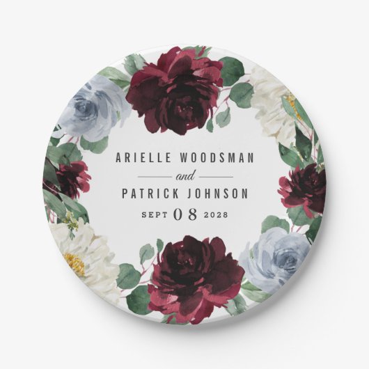 Dusty Blue en Bourgondië Cranberry Herfst Event Papieren Bordje (Voorkant)