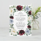 Dusty Blue en Bourgondië Cranberry herfstbruiloft Kaart (Staand voorkant)