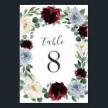 Dusty Blue en Bourgondië Cranberry herfstbruiloft Kaart<br><div class="desc">Dusty Blue and Burgundy Cranberry Fall Wedding Table Number Kaarten - hebben een elegante eucalyptus en groene krans versierd met ivoor / wit,  stoffig blauw / leisteen / staal en bordeaux / cranberrybloemen. Uitzicht het bijpassende collectie op deze pagina om coördinerende producten te vinden.</div>