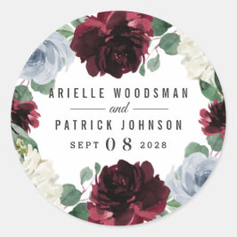 Dusty Blue en Bourgondië Cranberry herfstbruiloft Ronde Sticker