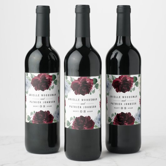 Dusty Blue en Bourgondië Cranberry herfstbruiloft Wijn Etiket (Flessen)