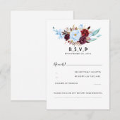 Dusty Blue en Bourgondië Floral bruiloft RSVP (Voorkant / Achterkant)