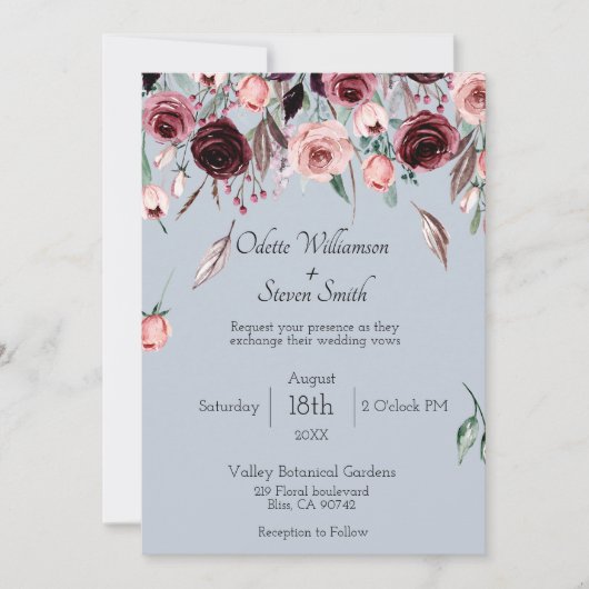 Dusty Blue en Bourgondië Floral Foto Boog Bruiloft Kaart (Voorkant)