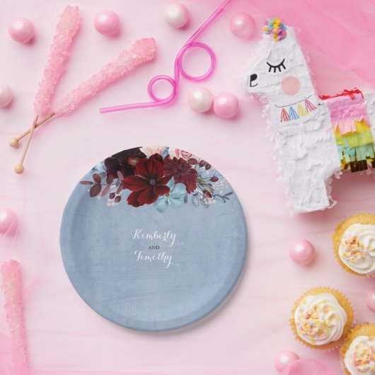 Dusty Blue en Bourgondië Floral Waterverf Papieren Bordje (Feest)