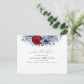 Dusty Blue en Bourgondië Red Floral Save the Date Briefkaart (Staand voorkant)
