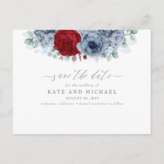 Dusty Blue en Bourgondië Red Floral Save the Date Briefkaart (Voorkant)