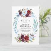 Dusty Blue en Bourgondië Red Flowers Baby shower Kaart (Staand voorkant)