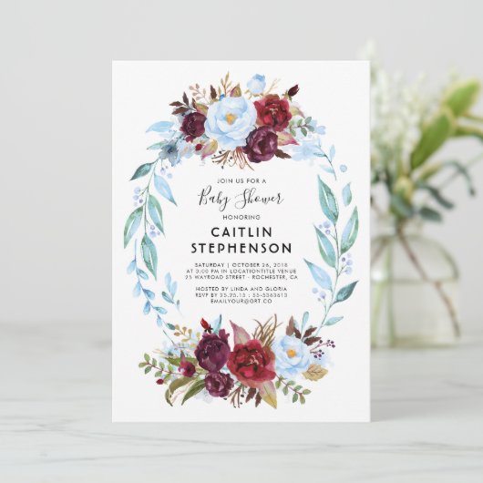 Dusty Blue en Bourgondië Red Flowers Baby shower Kaart (Staand voorkant)