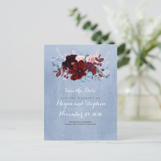 Dusty Blue en Bourgondië Save the Date Aankondigingskaart (Staand voorkant)