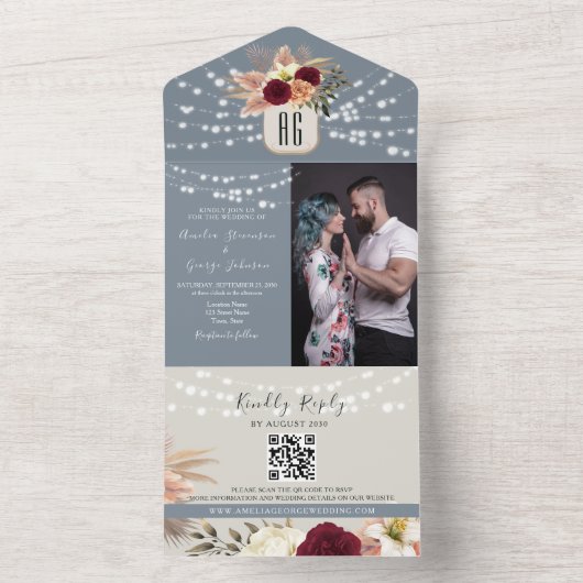 Dusty Blue en Bourgondische bruiloft QR-code All In One Uitnodiging (Binnen)