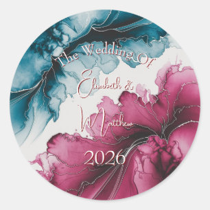 Dusty Blue en Bourgondische wervelende bruiloft Ronde Sticker