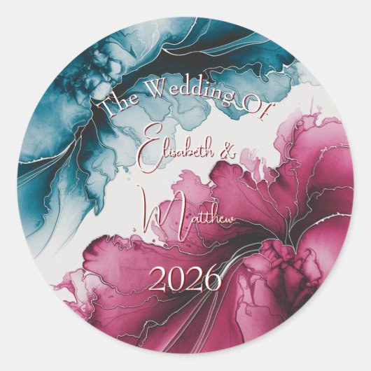 Dusty Blue en Bourgondische wervelende bruiloft Ronde Sticker (Voorkant)