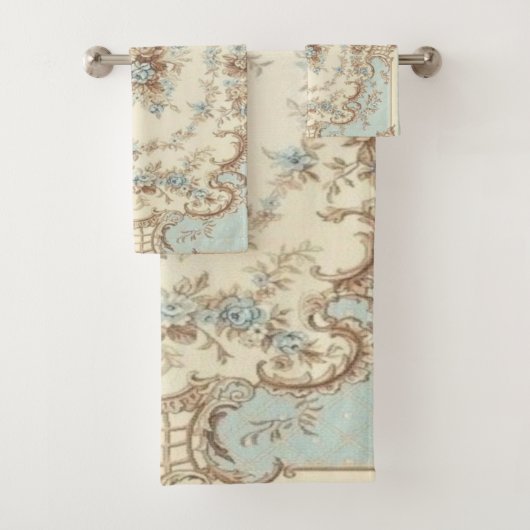 Dusty Blue en Brown Floral Oriental Bad Handdoek (Insitu)