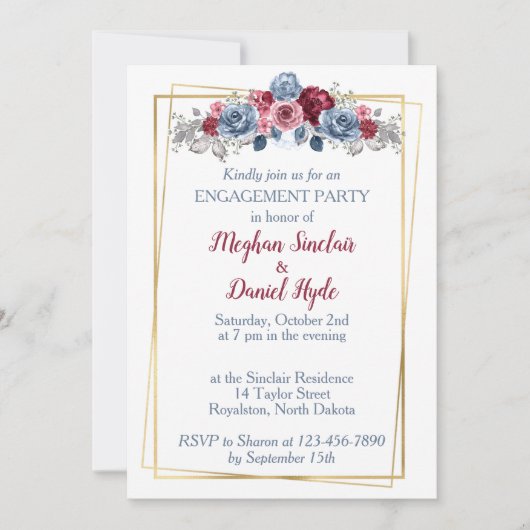 Dusty Blue en Burgundy Engagement Party Kaart (Voorkant)