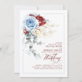 Dusty Blue en Burgundy Red Boho Floral Wedding Kaart (Voorkant)