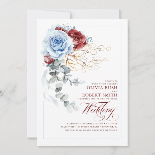 Dusty Blue en Burgundy Red Boho Floral Wedding Kaart (Voorkant)