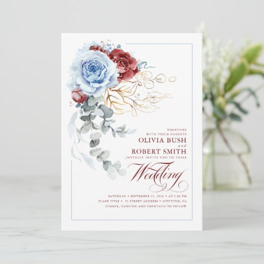 Dusty Blue en Burgundy Red Boho Floral Wedding Kaart (Staand voorkant)