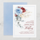 Dusty Blue en Burgundy Red Boho Floral Wedding Kaart (Voorkant / Achterkant)