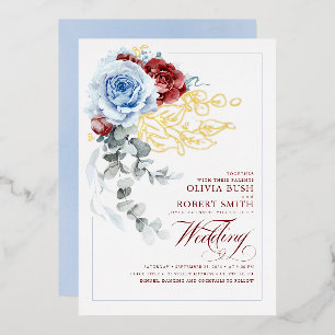 Dusty Blue en Burgundy Red Floral Boho Wedding Folie Uitnodiging