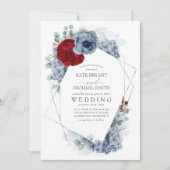 Dusty Blue en Burgundy Red Floral Elegant Wedding Kaart (Voorkant)