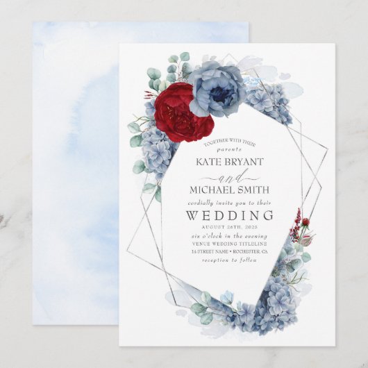 Dusty Blue en Burgundy Red Floral Elegant Wedding Kaart (Voorkant / Achterkant)