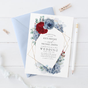 Dusty Blue en Burgundy Red Floral Elegant Wedding Kaart