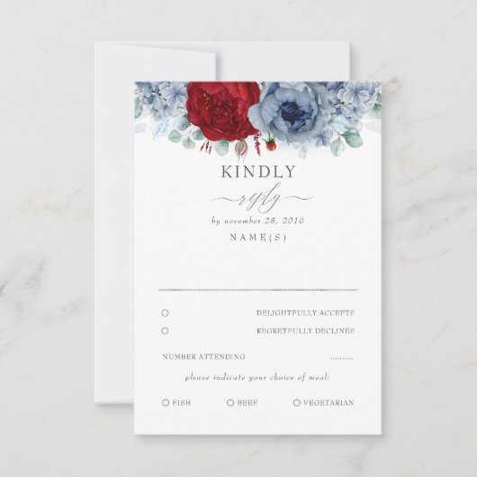 Dusty Blue en Burgundy Red Floral Wedding RSVP (Voorkant)