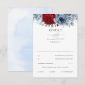 Dusty Blue en Burgundy Red Floral Wedding RSVP (Voorkant / Achterkant)