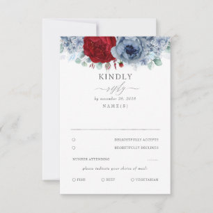 Dusty Blue en Burgundy Red Floral Wedding RSVP Kaartje