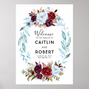 Dusty Blue en Burgundy Red Flowers Poster