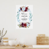 Dusty Blue en Burgundy Red Flowers Poster (Keuken)