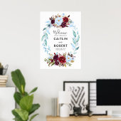 Dusty Blue en Burgundy Red Flowers Poster (Thuiskantoor)