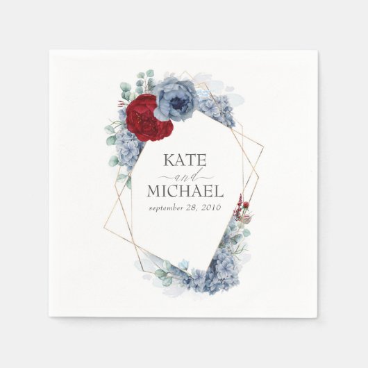 Dusty Blue en Burgundy Red Flowers Wedding Servet (Voorkant)