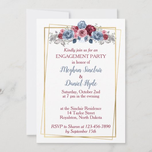 Dusty Blue en Burgundy Wedding Engagement Party Kaart (Voorkant)