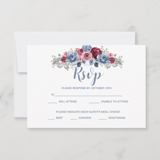 Dusty Blue en Burgundy Wedding RSVP Enclosure (Voorkant)