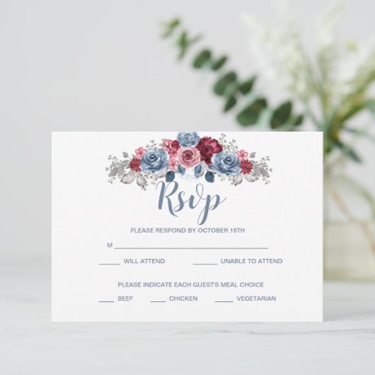 Dusty Blue en Burgundy Wedding RSVP Enclosure (Staand voorkant)