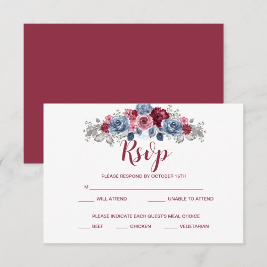 Dusty Blue en Burgundy Wedding RSVP Enclosure Save The Date (Voorkant / Achterkant)