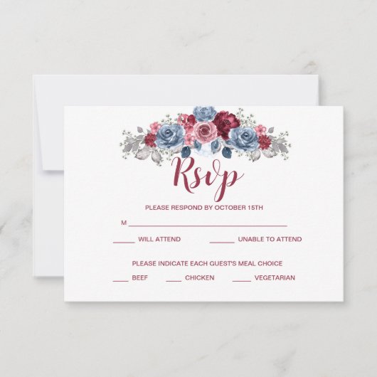 Dusty Blue en Burgundy Wedding RSVP Enclosure Save The Date (Voorkant)