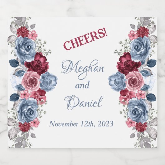 Dusty Blue en Burgundy Wedding Sparkling Wijnetiket (Enkel label)