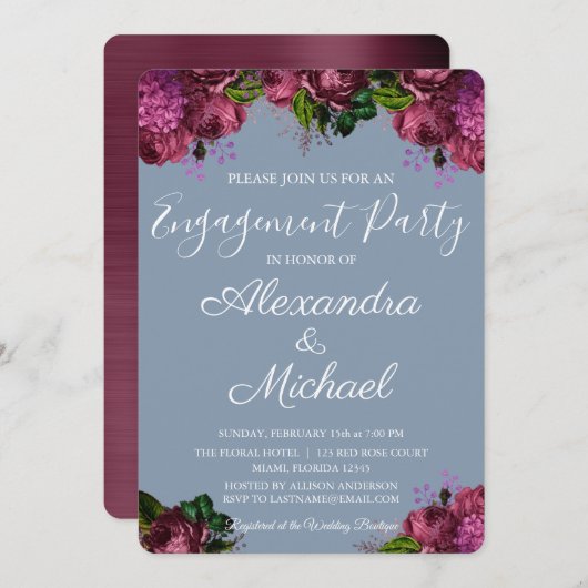 Dusty Blue en Cranberry Bourgondië verlovingsfeest Kaart (Voorkant / Achterkant)