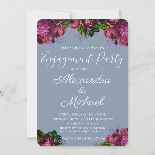 Dusty Blue en Cranberry Bourgondië verlovingsfeest Kaart (Voorkant)