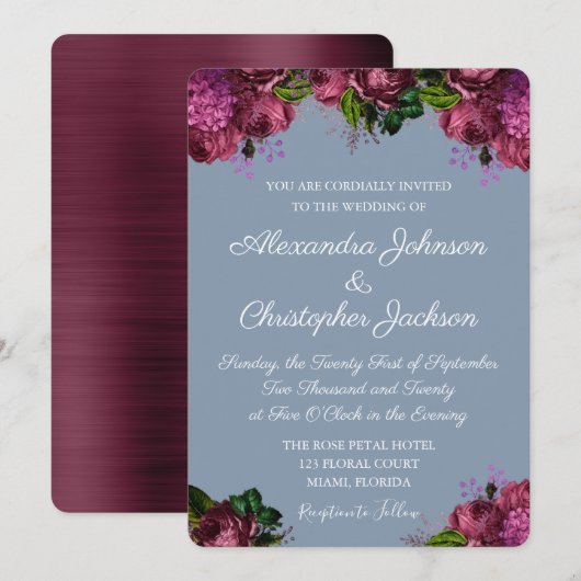 Dusty Blue en Cranberry Burgundy Wedding Kaart (Voorkant / Achterkant)