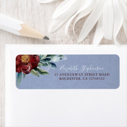 Dusty Blue en Cranberry Red Stijlvolle bruiloft Etiket (Insitu)