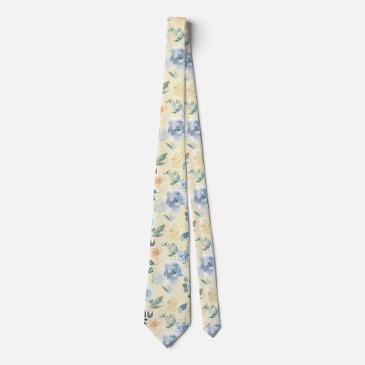 Dusty Blue en Cream Floral Rozen Waterverf Neck Stropdas (Voorkant)