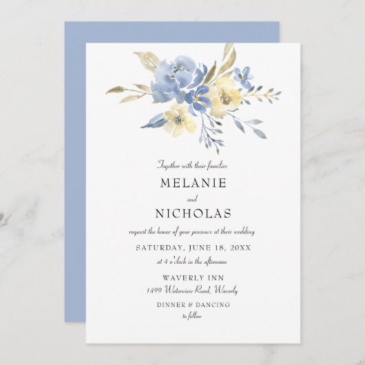 Dusty Blue en Cream Floral Wedding Kaart (Voorkant / Achterkant)