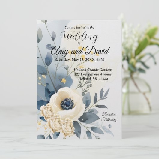 Dusty Blue en crème bruiloft uitnodiging (Staand voorkant)