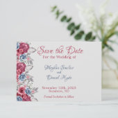 Dusty Blue en Deep Burgundy Floral Save the Date (Staand voorkant)