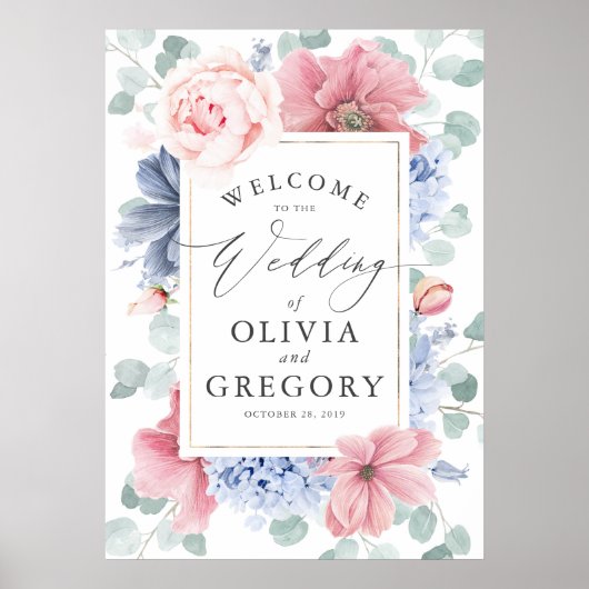 Dusty Blue en Dusty Roos Floral Wedding Welcome Poster (Voorkant)