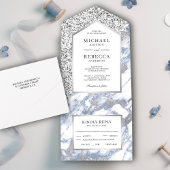 Dusty Blue en Faux Silver Glitter Marble Wedding All In One Uitnodiging