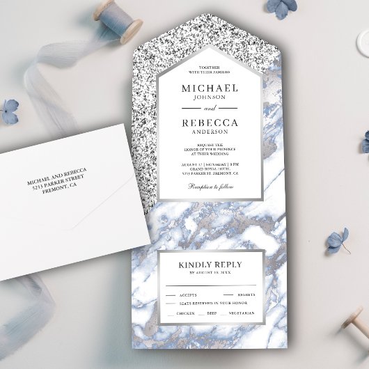 Dusty Blue en Faux Silver Glitter Marble Wedding All In One Uitnodiging